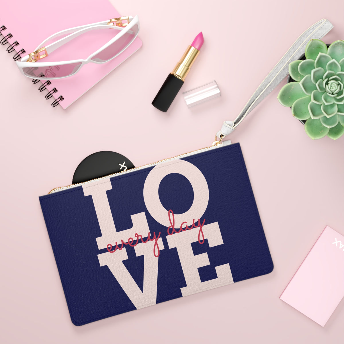 Love Every Day Clutch — Navy Valentine Heart Candy Pattern Wristlet