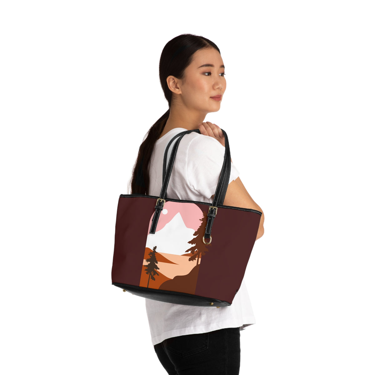 Mountain Sunset PU Leather Shoulder Bag — Retro Nature Tote