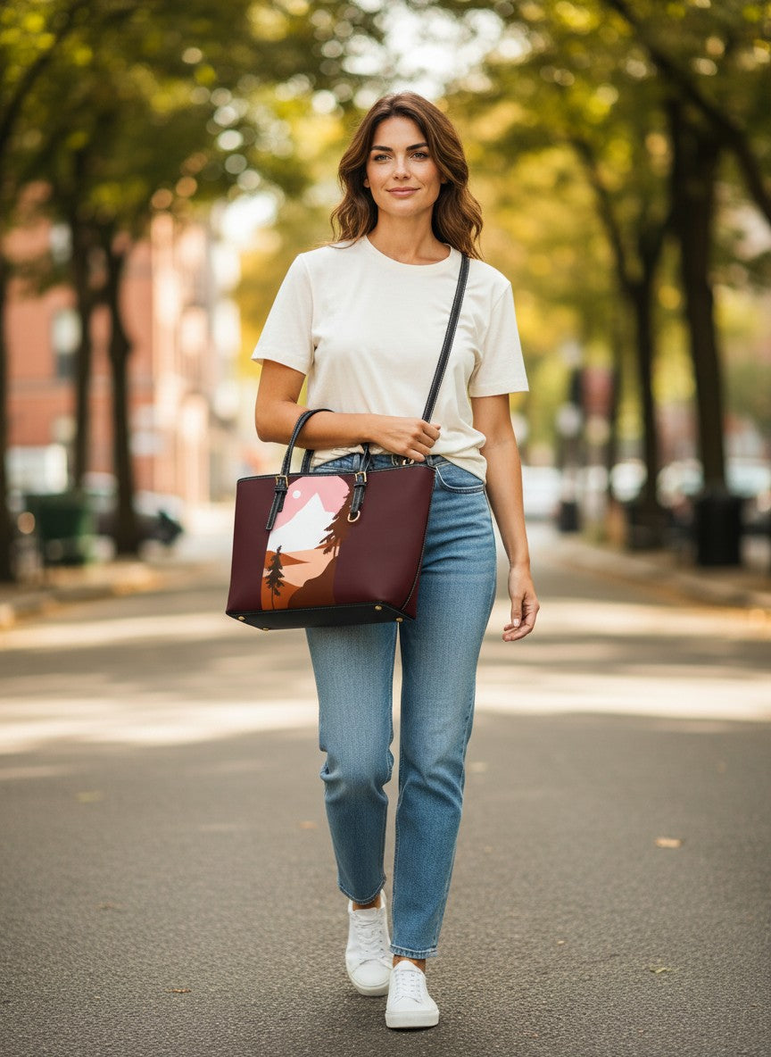 Mountain Sunset PU Leather Shoulder Bag — Retro Nature Tote
