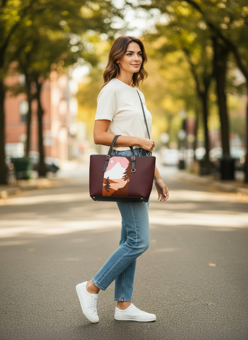 Mountain Sunset PU Leather Shoulder Bag — Retro Nature Tote