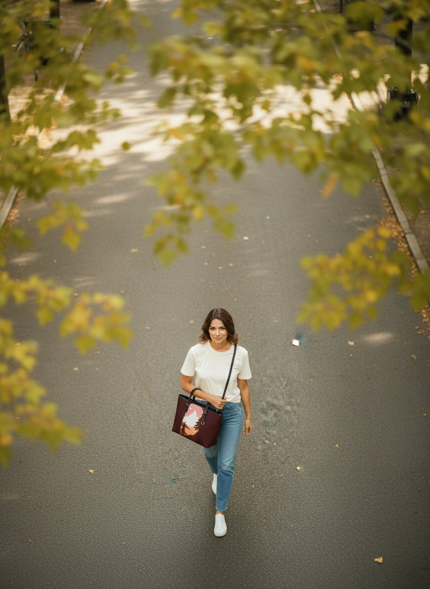 Mountain Sunset PU Leather Shoulder Bag — Retro Nature Tote