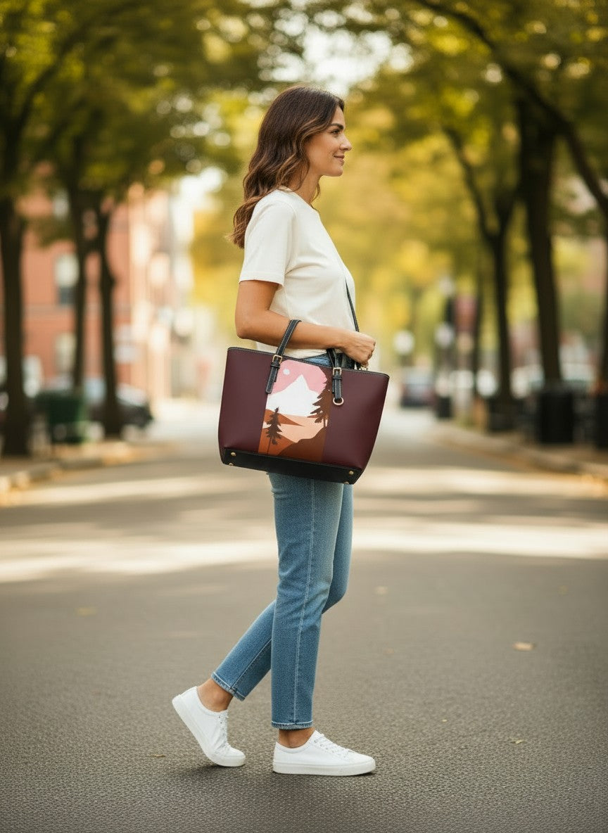Mountain Sunset PU Leather Shoulder Bag — Retro Nature Tote