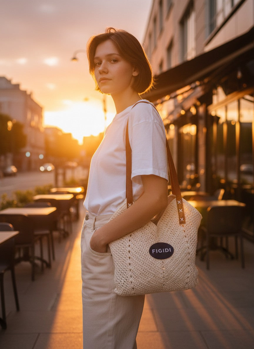 Woven Straw Shoulder Bag with Leather Straps — Beach Tote & Casual Summer Handbag
